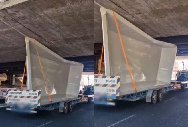 Caminhão com piscina fica preso sob ponte na Avenida Raul Lopes, em Teresina